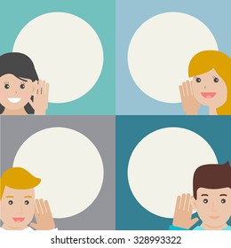 Saying and hearing backgrounds. People speaking and listening. Male and female, dialog and speech, vector illustration