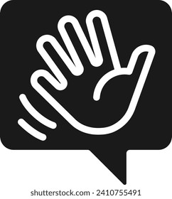 Saying hello black glyph icon. Greeting chat bubble with waving hand. Communication on social media. Silhouette symbol on white space. Solid pictogram. Vector isolated illustration