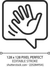 Saying hello pixel perfect linear icon. Greeting chat bubble with waving hand. Communication on social media. Thin line illustration. Contour symbol. Vector outline drawing. Editable stroke