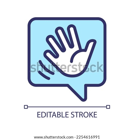 Saying hello pixel perfect RGB color icon. Greeting chat bubble with waving hand. Communication on social media. Isolated vector illustration. Simple filled line drawing. Editable stroke