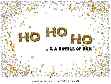 Saying ho ho ho text lettering with golden sequins texture. Modern lettering, isolated on the scattered golden bows and confetti background Santa Claus, Christmas, design concept. Slogan or quote.