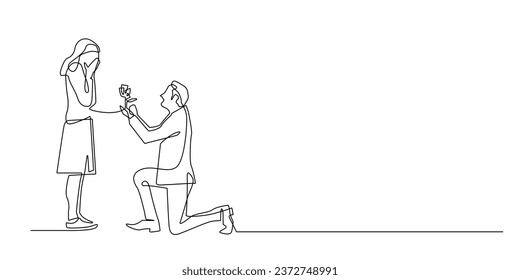 saying love.asking to be a partner.a man giving flowers to a woman.vector continuous line drawing.single line isolated white background