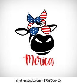 Saying 'Merica, Heifer with patriotic bandana, trendy american flag texture sunglasses. Cute cow with kerchief  for humor patriotic card, t shirt design, hand drawn print to celebrate 4th of July.