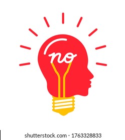 Saying no or  idea in your head. Glowing man mind - lightbulb concept with word no inside. Vector logo.