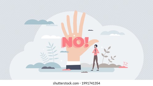 Saying no with rejection on hand as opinion expression tiny person concept. Negative feedback and stop gesture as decision with reaction vector illustration. Protest gesture and disagree communication