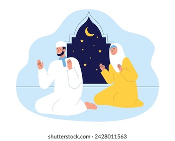 Saying prayers at night after praying, muslim vector illustration.