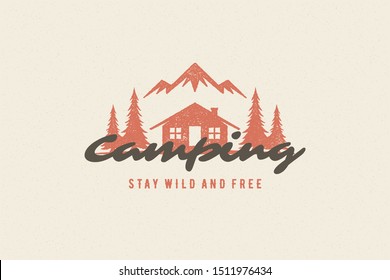 Saying quote typography with hand drawn camping cabin symbol and mountains for greeting cards and posters. Stay wild and free phrase with design elements vector illustration.