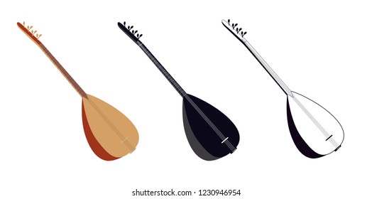 Saz, Traditional Turkish Arabic Oriental Music Instrument Black & White Outline, Brown - Icon Vector Illustration Isolated