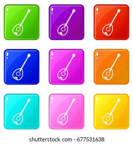 Saz turkish music instrument icons of 9 color set isolated vector illustration