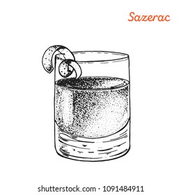 Sazerac cocktail illustration. Alcoholic cocktail hand drawn vector illustration. Sketch style. 