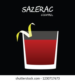 Sazerac Cocktail Illustration in vector with lemon twist garnish on square black background.