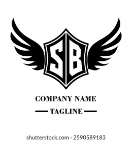 SB bold shield logo with wings, customizable with letters A to Z. Perfect for brands seeking a powerful symbol of strength, freedom, and ambition