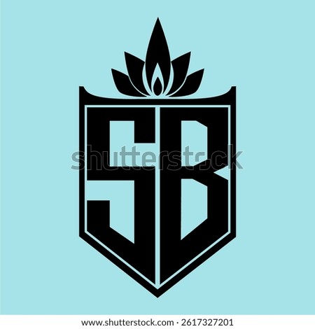 SB Logo featuring a minimalist design with a crown-like flower symbol on top, bold black elements, and a soft blue background, perfect for branding and modern visual identity.