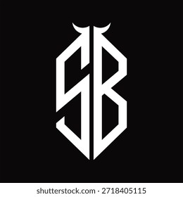 SB Logo monograma con forma de cuerno aislado Plantilla de diseño en blanco y negro sobre fondo negro