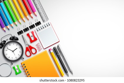 Sback to school vector template with colorful school items and set of office supplies in white background with empty blank space for text for education design. Vector illustration.
