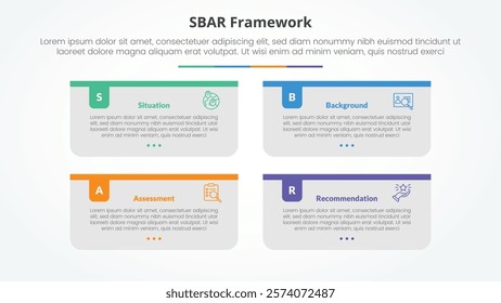 SBAR tool framework infographic concept for slide presentation with long rectangle box container with colorful badge header with 4 point list with flat style vector