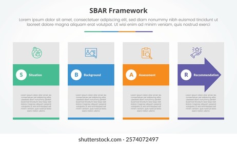 SBAR tool framework infographic concept for slide presentation with big box and arrow shape through with 4 point list with flat style vector