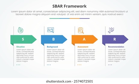 SBAR tool framework infographic concept for slide presentation with big header arrow shape with 4 point list with flat style vector