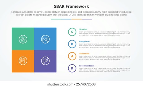 SBAR tool framework infographic concept for slide presentation with square box matrix with circle outline stack with 4 point list with flat style vector