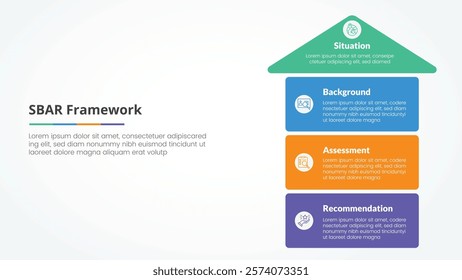 SBAR tool framework infographic concept for slide presentation with arrow top direction and box stack structure with 4 point list with flat style vector