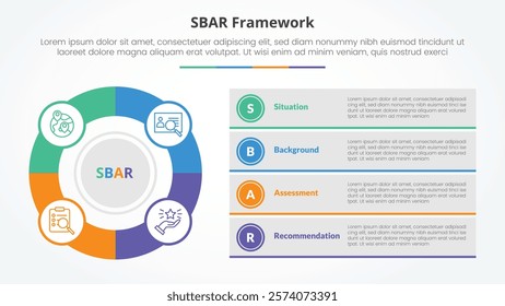 SBAR tool framework infographic concept for slide presentation with big outline circle and box description stack with 4 point list with flat style vector