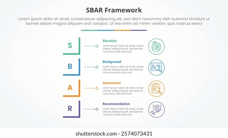 SBAR tool framework infographic concept for slide presentation with modified square shape vertical stack with 4 point list with flat style vector