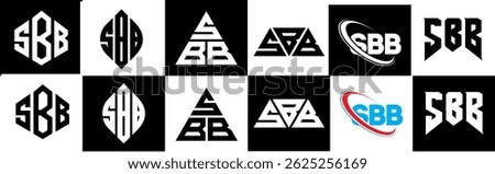 SBB letter logo design in six style. SBB polygon, circle, triangle, hexagon, flat and simple style with black and white color variation letter logo set in one artboard. SBB minimalist and classic logo