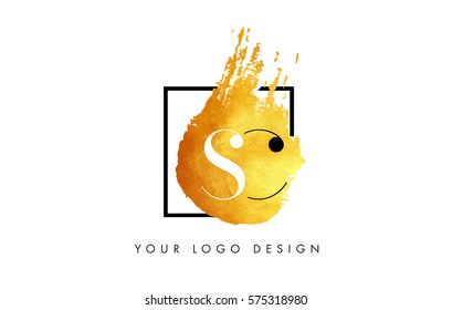 SC Gold Letter Brush Logo. Golden Painted Watercolor Background with Square Frame Vector Illustration.