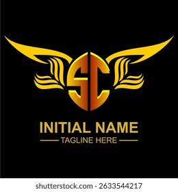 SC Golden Wing Emblem Logo with elegant gold wings, sleek and modern design. Ideal for branding, creative projects, luxury businesses, or artistic ventures.