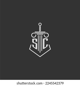 Firma de ley de monograma inicial SC con diseño de logotipo de espada y pilar