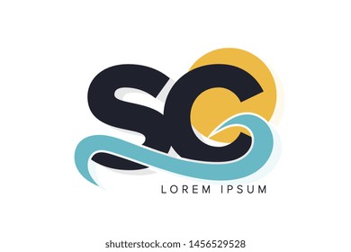 SC letter logo with ocean waves and sunset. Beach concept design