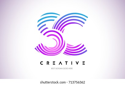 SC Lines Warp Logo Design.Vector Letter Icon Made with Purple Circular Lines.