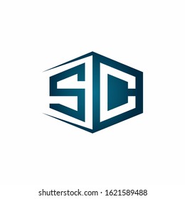 SC monogram logo with hexagon shape and negative space style ribbon design template