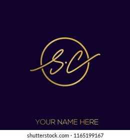 SC monogram.Circular emblem style logo with letter s and letter c.Hand drawn lettering icon in gold color isolated on dark background.