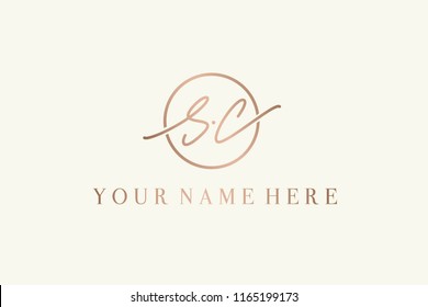 SC monogram.Circular emblem style logo with letter s and letter c.Hand drawn lettering icon in rose gold metallic color isolated on light background.
