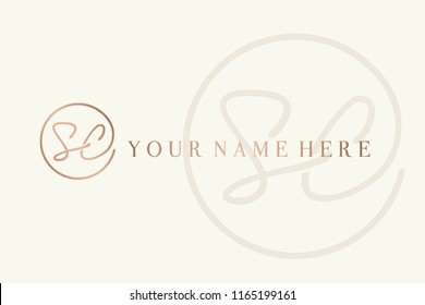 SC monogram.Signature style logo with letter s and letter c.Hand drawn lettering icon in rose gold metallic color isolated on light background.Intertwined initials in circular line emblem.