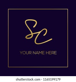 SC monogram.Signature style logo with letter s and letter c.Hand drawn lettering icon in gold color isolated on dark background with frame.