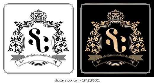 SC royal emblem with crown, set of black and white labels, initial letter and graphic name Frames Border of floral designs, SC Monogram, for insignia, initial letter frames border, wedding couple name
