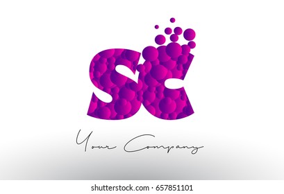 SC S C Dots Letter Logo with Purple Pink Magenta Bubbles Texture Vector.