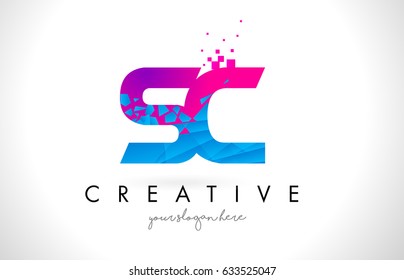 SC S C Letter Logo with Broken Shattered Blue Pink Triangles Texture Design Vector Illustration.