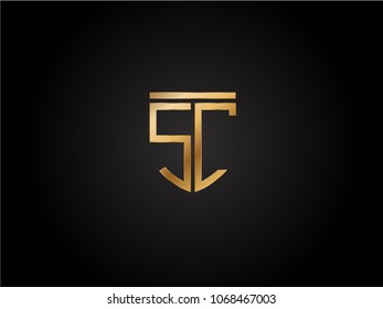 SC shield shape Letter Design in gold color