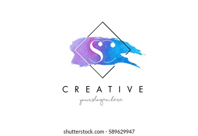 SC Watercolor Letter Brush Logo. Artistic Purple Stroke with Square Design.