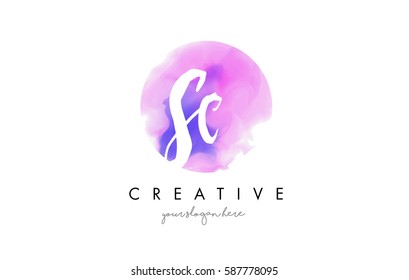 SC Watercolor Letter Logo Design with Purple Rounded Aquarelle Brush Stroke.