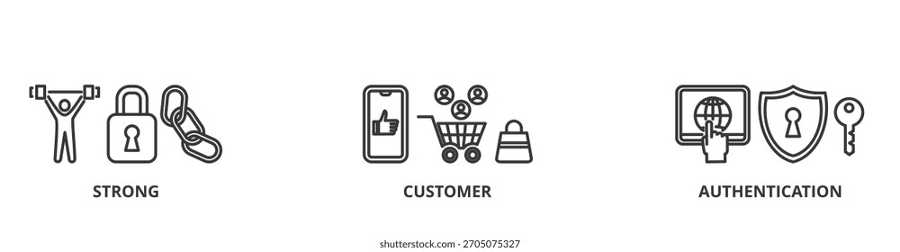 Concepto de Ilustración vectorial de Anuncio SCA para verificación fuerte, Cliente, autenticación con ícono de conexión, seguridad, aplicación, Inicio de sesión y Contraseña