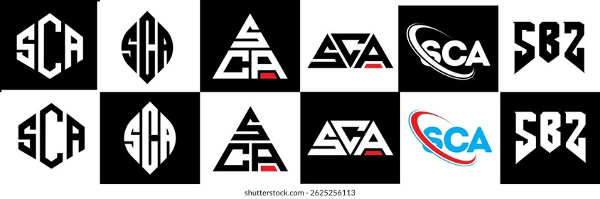 SCA letter logo design in six style. SCA polygon, circle, triangle, hexagon, flat and simple style with black and white color variation letter logo set in one artboard. SCA minimalist and classic logo