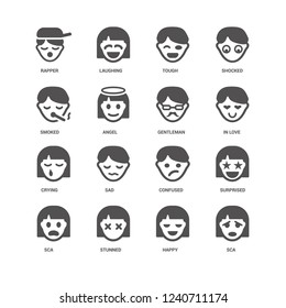 Sca, In love, Gentleman, Surprised, Rapper, Smoked, Crying, Happy, Stunned, Tough icon 16 set EPS 10 vector format. Icons optimized for both large and small resolutions.