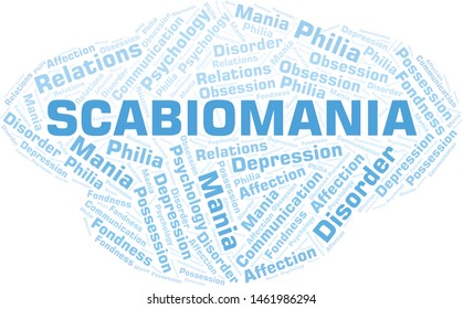 Scabiomania word cloud. Type of mania, made with text only.