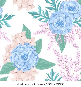 Scabiosa and hydrangea. Seamless pattern in pastel colors on white isolated background.