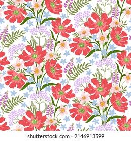 Scabiosa and yarrow and goat's rue and bellflowers. Seamless pattern in pastel colors on white isolated background.