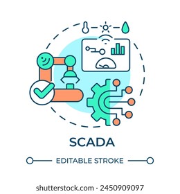 SCADA multi color concept icon. Supervisory control, data acquisition. Smart factory, process performance. Round shape line illustration. Abstract idea. Graphic design. Easy to use in infographic